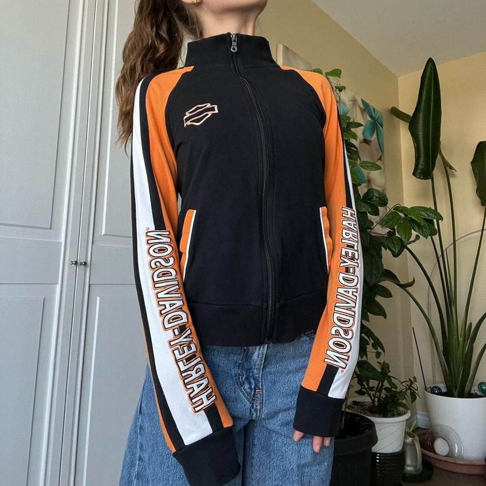 Harley-Davidson Women's Black, Orange, and White Bomber Jacket